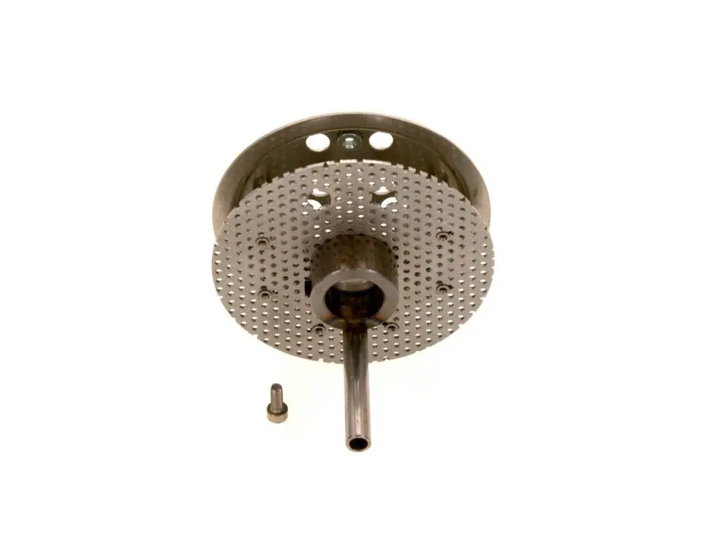 Bosch Mischsystem aus Metall mit einer perforierten Platte und einem zentralen Rohr. Ein kleiner Stecker ist separat abgebildet.